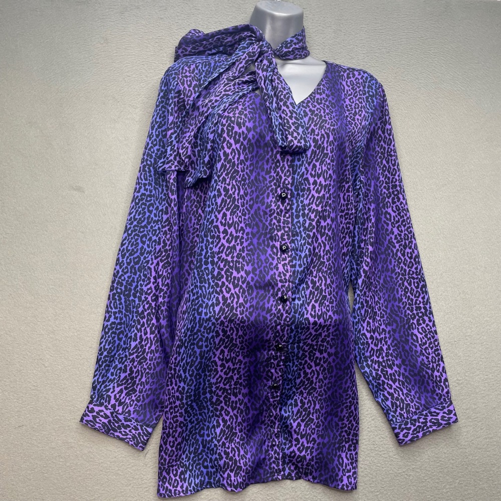 Bob Mackie Women Blouse tie Polyester Leopard 1X Purple Wearable Art A229267